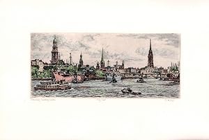 Bild des Verkufers fr Landungsbrcken Hamburg. Panorama mit Hafenrand. Handkolorierte Original-Radierung. zum Verkauf von Antiquariat Reinhold Pabel