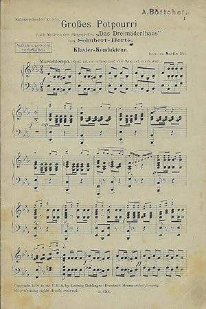 Bild des Verkufers fr Groes Potpourri nach Motiven des Singspieles "Das Dreimderlhaus" von Schubert-Bert; Ausgabe fr Salon-Orchester zum Verkauf von Bcherhandel-im-Netz/Versandantiquariat