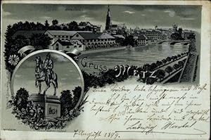 Mondschein Litho Metz Moselle, Teilansicht, Kaiser Wilhelm Denkmal