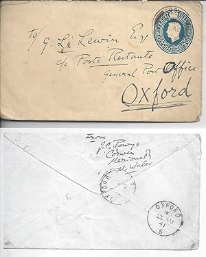 Seller image for [John Cowper Powys (1872-1963), novelist and poet.] Envelope addressed by Powys in Autograph to his London bookseller G. L. Lewin, with his name and address written by him on the reverse. for sale by Richard M. Ford Ltd