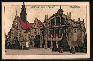 Steindruck-Ansichtskarte Bielefeld, Rathaus und Theater