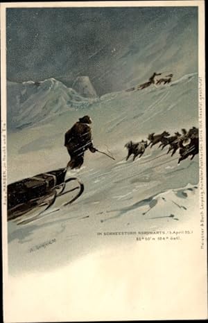 Künstler Litho Goldfeld, A., Fridtjof Nansen, Schneesturm, Polarexpedition 1895