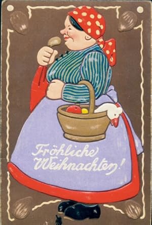 Relief Ansichtskarte / Postkarte Glückwunsch Weihnachten, Bauersfrau mit Korb, Lebkuchen