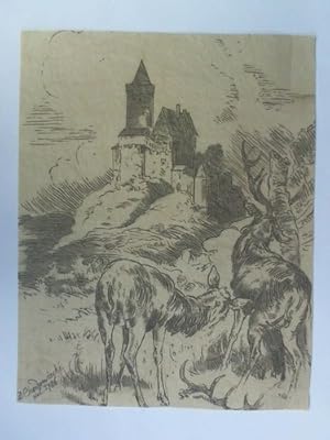 Bild des Verkufers fr Burg Frankenstein (Odenwald) - Umriradierung mit Aquarellfarben auf Papier zum Verkauf von Celler Versandantiquariat