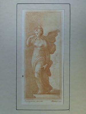Bild des Verkufers fr Frauenfigur mit wehendem Umhang - Radierung in Kupfermanier im Rtelton, nach Parmigianino zum Verkauf von Celler Versandantiquariat