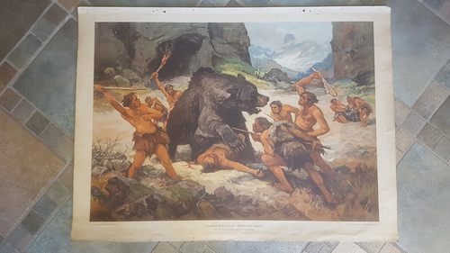 Urmenschen auf der Höhlenbärenjagd (Zeit des Neandertalers, letzte Zwischeneiszeit). Schulwandbild