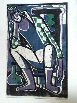 Sitzender Mann mit Krone auf dem Kopf - Colorierter Original-Holzschnitt