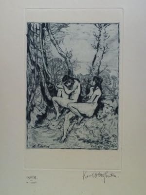 Seller image for Aktstudie: 2 Frauen im Wldchen sitzend - Getnte Original-Radierung for sale by Celler Versandantiquariat