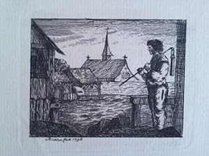 Bauer mit Dreschflegel über der Schulter und Dorfansicht im Hintergrund - Original-Kupferstich, g...