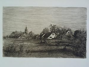 Bild des Verkufers fr Ansicht einer Dorfidyll im Frhling mit 2 Dorfbewohnern und Hhnern - Original-Radierung zum Verkauf von Celler Versandantiquariat