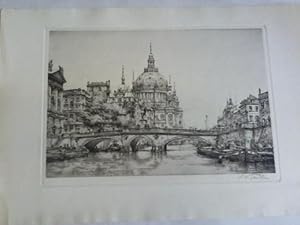 Blicke von der Elbe auf Brücke und die Frauenkirche. Radierung um 1900