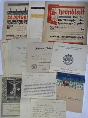 Fünf Schulzeugnisse; Freischwimmer-Urkunde; drei Ehren-Urkunden der Wettkämpfe der Hamburger Schu...
