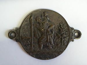 St. Christoph sei uns Führer! - Metallplakette mit Darstellung St. Christophs, auf Stab gestütz m...