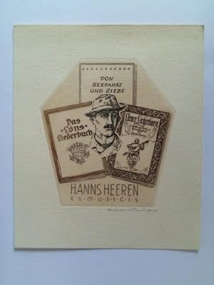 Exlibris für Hanns Heeren (dargestellt 3 Liederbücher und ein Porträt von Hermann Löns) - Handsig...