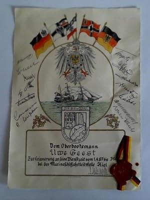 Urkunde: Dem Oberbootsmann Uwe Geest. Zur Erinnerung an seine Dienstzeit vom 1. 4. 87 bis 31. 03....