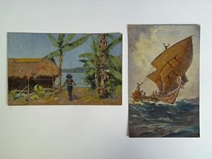 Seller image for 2 farbige Ansichtskarten: Papua in Neuguinea. Nach einem Gemlde von Prof. Peter Paul Mller (Nr. 4) / Das letzte Boot von der Insel Agomes, Sdsee. Nach einem Original von Prof. Hans Bohrdt (Nr. 7) for sale by Celler Versandantiquariat
