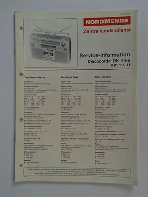 Image du vendeur pour Nordmende Zentralkundendienst. Service-Information: Discocorder RK 4186 981.115 H mis en vente par Celler Versandantiquariat