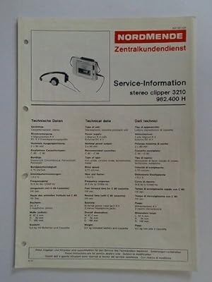 Image du vendeur pour Nordmende Zentralkundendienst. Service-Information: stereo clipper 3210 982.400 H mis en vente par Celler Versandantiquariat
