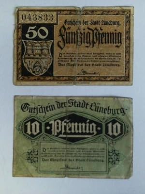Bild des Verkufers fr 2 Banknoten: Fnfzig Pfennig, Nr. 043833 / 10 Pfennig. Gutscheine der Stadt Lneburg zum Verkauf von Celler Versandantiquariat