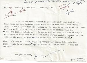 Bild des Verkufers fr ['The tarn is metres above the level my legs would take me': Norman Nicholson, Cumbrian poet.] Typed Letter Signed to  Eric , commenting wistfully on two correspondents pointing out a  simple slip  in Hunter Davies   Walk Around the Lakes . zum Verkauf von Richard M. Ford Ltd