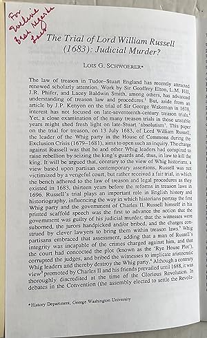 Bild des Verkufers fr THE TRIAL OF LORD WILLIAM RUSSELL (1683): JUDICIAL MURDER? zum Verkauf von Chris Barmby MBE. C & A. J. Barmby