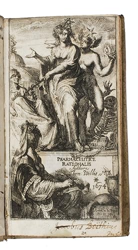 Bild des Verkufers fr Pharmaceutice rationalis sive diatriba de medicamentorum operationibus in humano corpore.The Hague, Arnold Leers, 1674. 12mo. With an engraved emblematic frontispiece by Romeyn de Hooghe, dated 1674, and 6 folding engraved plates of human stomach and intestines. Contemporary(?) vellum, with a red morocco spine label, red sprinkled edges. zum Verkauf von Antiquariaat FORUM BV
