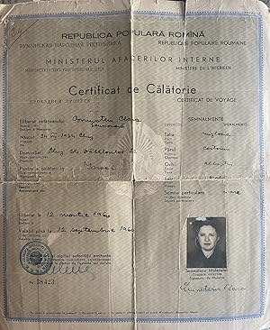 Certificat de Calatorie. / Certificat de CÄlÄtorie. 1964. [Romanian Travel Document to Israel.]