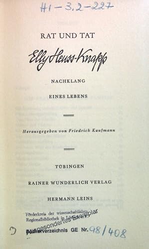 Bild des Verkufers fr Rat und Tat : Nachklang e. Lebens. zum Verkauf von books4less (Versandantiquariat Petra Gros GmbH & Co. KG)