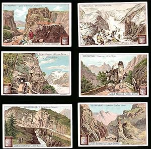 6 Sammelbilder Liebig, Serie Nr. 678: Gebirgspässe, China, St. Gotthardtpass, Malakand-Pass, Fins...