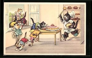Bild des Verkufers fr Knstler-Ansichtskarte Katzenkinder versuchen des Bckers Kuchen zu stehlen zum Verkauf von Bartko-Reher