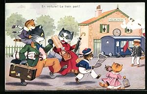 Bild des Verkufers fr Knstler-Ansichtskarte In letzter Sekunde zum Zug - Katzenfamilie fhrt in den Urlaub zum Verkauf von Bartko-Reher