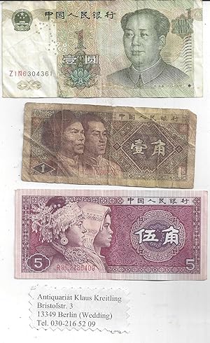 3 verschiedene Banknoten ( 1 Jiao, 5 Jiao und 1 Yuan )