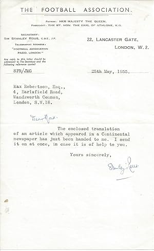 Imagen del vendedor de [Sir Stanley Rous, association football referee and 6th President of FIFA.] Typed Note Signed ( Stanley Rous ) to the BBC sports commentator Max Robertson. a la venta por Richard M. Ford Ltd