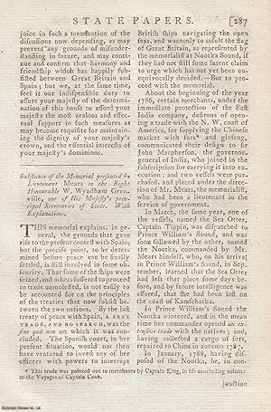 Seller image for Substance of the Memorial presented by Lieut. Mears to the Right Honourable W. Wyndham Grenville, one of His Majesty's principal Secretaries of State. With Explanations. An original article from The Annual Register for 1790. for sale by Cosmo Books