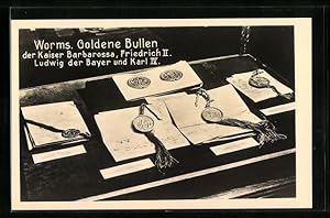 Image du vendeur pour Ansichtskarte Worms, Goldene Bullen der Kaiser Barbarossa, Friedrich II., Ludwig der Bayer und Karl IV. mis en vente par Bartko-Reher
