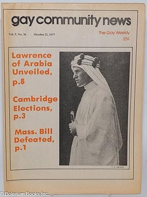 Bild des Verkufers fr GCN - Gay Community News: the gay weekly; vol. 5, #16, Oct. 22, 1977: Lawrence of Arabia Unveiled zum Verkauf von Bolerium Books Inc.