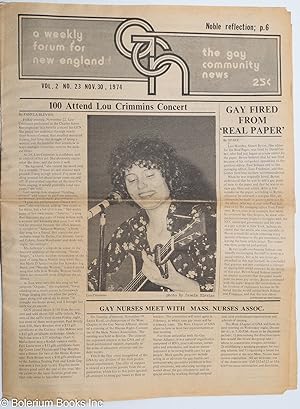 Imagen del vendedor de GCN: Gay Community News; the gay weekly forum for New England; vol. 2, #23, Nov. 30, 1974: 100 Attend Lou Crimmins Concert a la venta por Bolerium Books Inc.
