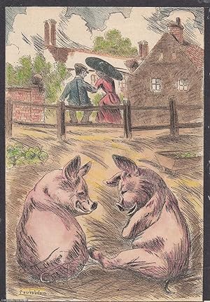 Bild des Verkufers fr Louis Wain: two pigs & two people - undated, but likely 1920s. Later and basic hand colouring to what must have been an original black & white illustration by the foremost cat illustrator of the early 20th century. zum Verkauf von Cosmo Books