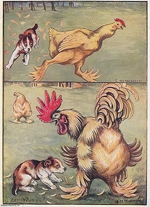 Bild des Verkufers fr Louis Wain: a dog chasing a chicken, followed by Retribution - printed in 1920. An original coloured cat print by the foremost cat illustrator of the early 20th century. zum Verkauf von Cosmo Books