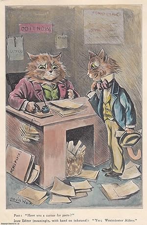 Seller image for Louis Wain: cat editor and a poet cat - undated, but likely 1920s. Later and basic hand colouring to what must have been an original black & white illustration by the foremost cat illustrator of the early 20th century. for sale by Cosmo Books
