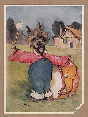 Bild des Verkufers fr Louis Wain: A Yorkshire Terrier Dog, dressed, along with a large drum - printed in 1920. An original coloured cat print by the foremost cat illustrator of the early 20th century. zum Verkauf von Cosmo Books