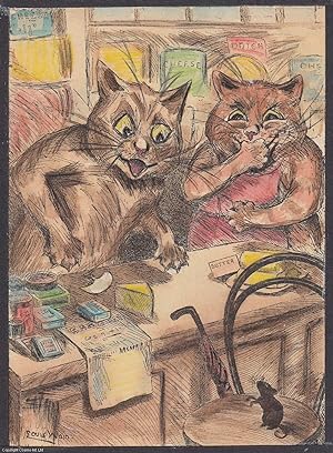 Bild des Verkufers fr Louis Wain: two cats shopping - undated, but likely 1920s. Later and basic hand colouring to what must have been an original black & white illustration by the foremost cat illustrator of the early 20th century. zum Verkauf von Cosmo Books