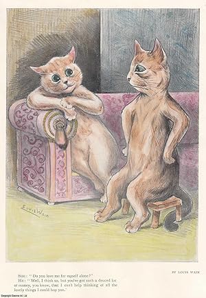 Bild des Verkufers fr Louis Wain: a pair of cats in love - undated, but likely 1980s. A coloured cat print by the foremost cat illustrator of the early 20th century. zum Verkauf von Cosmo Books