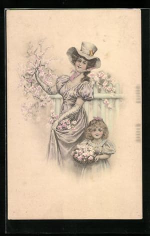 Bild des Verkufers fr Knstler-Ansichtskarte Mutter und Tochter pflcken Blumen, sie mit einem Hut zum Verkauf von Bartko-Reher