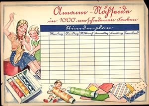 Stundenplan Reklame Olmann Nähseide, Wie wird Nähseide gemacht, Kind beim nähen um 1930