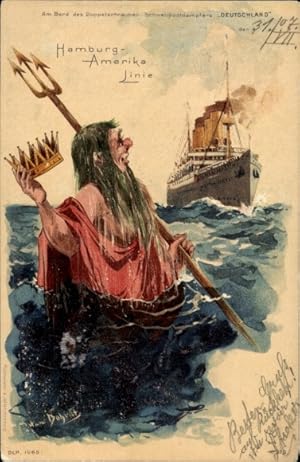 Künstler Ansichtskarte / Postkarte Litho Bohrdt, Hans, Dampfer Deutschland, Neptun mit Krone, HAPAG