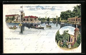 Bild des Verkufers fr Ansichtskarte Leipzig-Lindenau, Ruderboote am Charlottenhof, Spaziergnger im Park zum Verkauf von Bartko-Reher