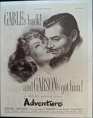 Immagine del venditore per Adventure Trade Print Ad 1945 Clark Gable, Greer Garson, Joan Blondell venduto da AcornBooksNH