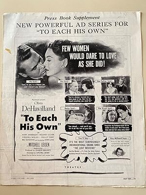 Seller image for To Each His Own Advertising Supplement 1946 Olivia De Havilland, Mary Anderson, Roland Culver for sale by AcornBooksNH