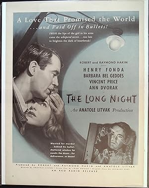 Imagen del vendedor de The Long Night Trade Print Ad 1947 Henry Fonda, Barbara Bel Geddes, Vincent Price a la venta por AcornBooksNH